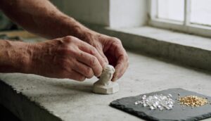 Sculptor shaping a small plaster maquette beside loose lab-grown diamonds and gold granules