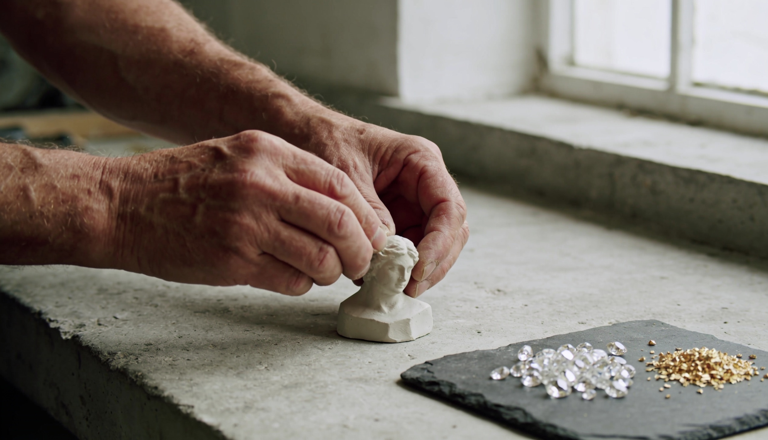 Sculptor shaping a small plaster maquette beside loose lab-grown diamonds and gold granules